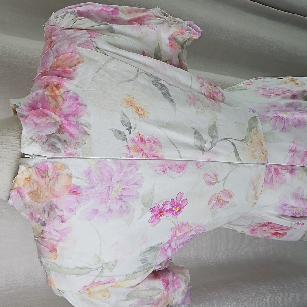 ANTONIO MELANI Iris Linen Floral Short Sleeve Mockneck Mini Dress: Ivory/Floral - Picture 7 of 15